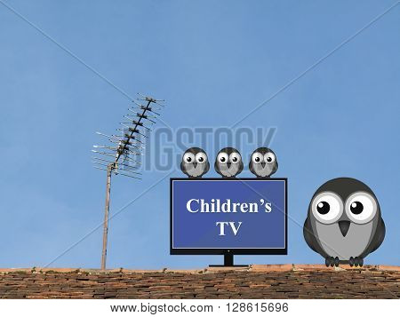 Comical bird family settling down to watch children television programmes