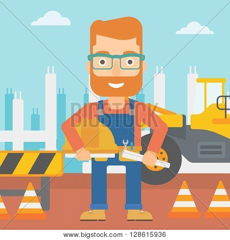 Engineer with hard hat and blueprint.