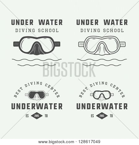 Set of diving logos labels and slogans in vintage style. Vector illustration