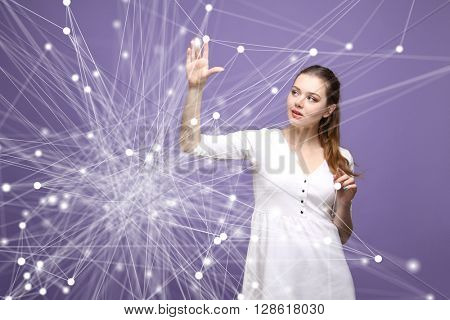 Global network concept, woman working with futuristic computer interface.