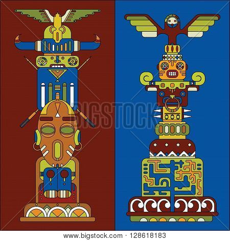 two ethnic colored totem poles, vector illustration, indian and aztec motif