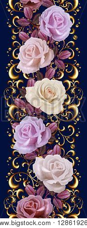 Vertical floral border. Pattern seamless. Old style. Garland of pink and orange roses gold border gold mosaic.
