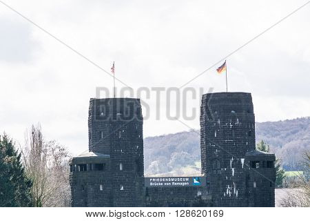 ERPEL GERMANY - MARCH 27 2016: Ruin the Ludendorff Bridge at Erpel am Rhein in Germany.Towers of the Remagen bridge are located on the opposite bank of the city Erpel am Rhein in Germany.
