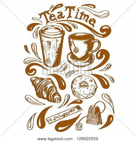 set of cup and saucer cup of takeaway coffee tea bag krousan donut with icing sugar and a bag of tea time lettering in a retro style