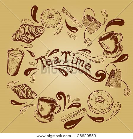 inscription tea time in the center of the frame of the tea cups tea bags donuts croissants sugar stick and splashing in retro style