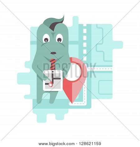 Funny character is using a geolocation application and planning his route