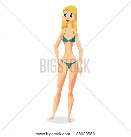 Slender woman dressed in green swimsuit is standing. Isolated flat design illustration. The comic tall blonde on the beach in green bikini