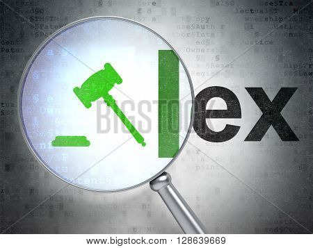 Law concept: magnifying optical glass with Gavel icon and Lex word on digital background, 3D rendering
