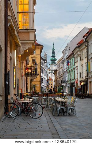 BRATISLAVA, SLOVAKIA - MAY 04, 2016: People in one of the main streets of the old town in Bratislava on May 04, 2016.
