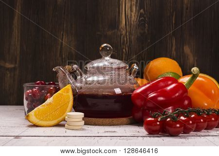 Food and drinks rich of natural vitamin C. Selective focus