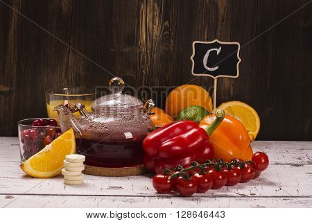 Food and drinks rich of natural vitamin C. Selective focus
