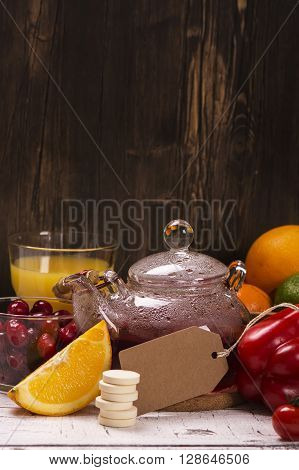 Food and drinks rich of natural vitamin C. Selective focus