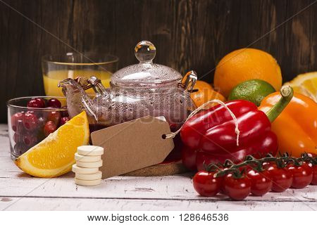 Food and drinks rich of natural vitamin C. Selective focus