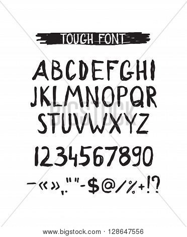 Grunge tough simple font. Universal alphabet with capital letters, numbers, glyphs, sign for your design concept, art, business