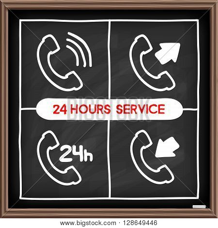 Doodle telephone icons set. Chalkboard effect. Client service, 24 hours awailable concept. Hand drawn infographic symbol. Line art style graphic design elements.