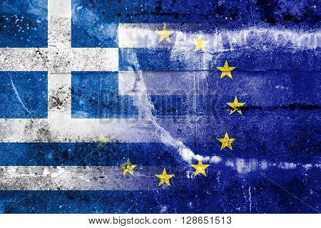 Greece and European Union Flag painted on grunge wall. The economic crisis in Greece. Waving and old look.