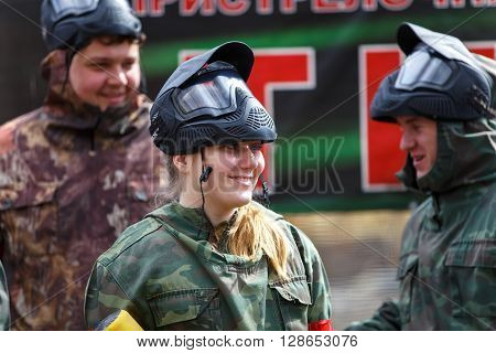 Saint-Petersburg, Russia - April 24, 2016: Paintball tournament in Snaker club between student teams from five universities. Group photo.