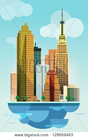 Landscape of the future. Modern technologies Big city, skyscrapers and drones flying in the sky. Vector flat illustration
