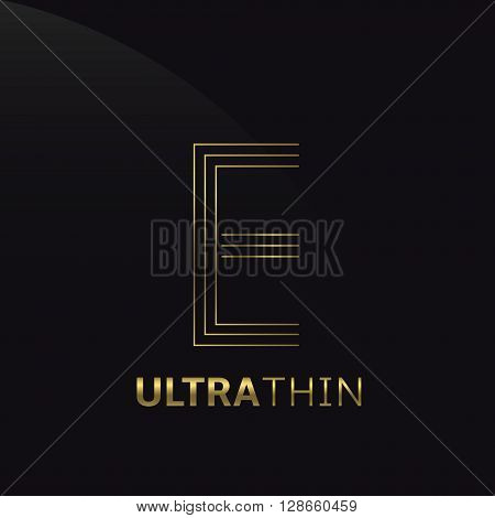 Ultrathin E Letter logo template. Golden E letter symbol