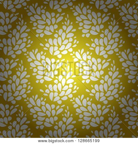 Gold silver foil abstract flourish vector seamless pattern. Seamless vector floral vintage abstract pattern. Floral ornament. Metallic paper texture with leaves silhouette branches. Spring vector.