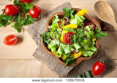 Fresh vegetable salad with seeds. Useful and healthy food.