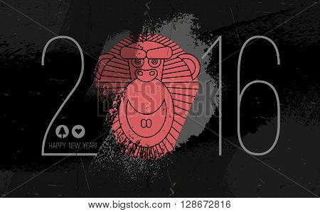 Lunar new year 2016 design. Monkey - chinese new year background. Monkey face in 2016 typing. Chinese zodiac: monkey. Red monkey face on black grunge background.Vector flyer. Vector illustration.