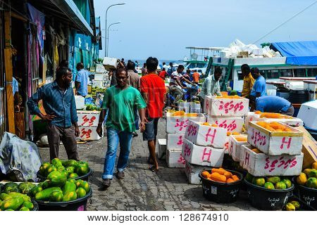 Male, Maldives - November 24, 2014: Fruit market on the beach road