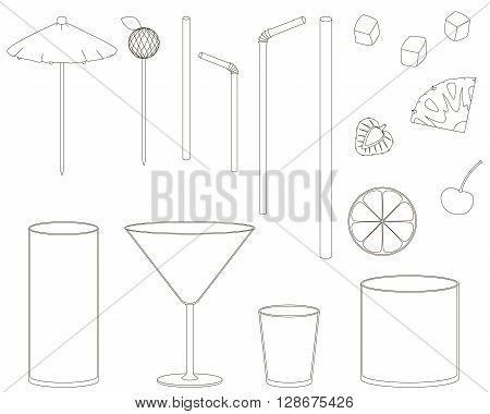 Set isolated elements for the fruit and alcoholic cocktails. Flat glass, fruit, rolls, decorations. Vector illustration