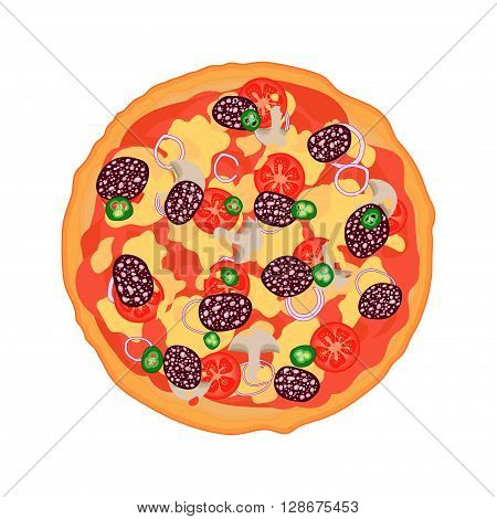 Flat Italian pizza with tomatoes, onions, salami, hot peppers, mushrooms and various sauces. Hand drawn vector illustration.