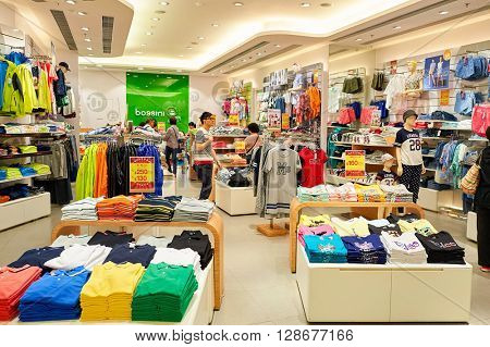 HONG KONG - APRIL 23, 2015: inside of the PopCorn Shopping Mall. PopCorn is a shopping mall atop Tsueng Kwan O MTR station