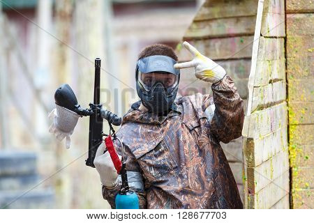 Saint-Petersburg, Russia - April 24, 2016: Paintball tournament in Snaker club between student teams from five universities. Cool player.