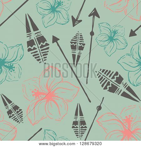 Vector seamless pattern. Universal colorful summer hawaiian flowers, aztec arrows in gray, blue, pink. 
