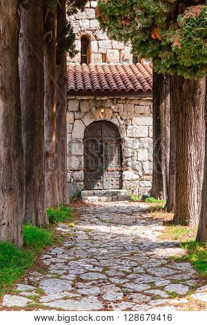 Stone walkway with trees and a door in the wall of the stone church
