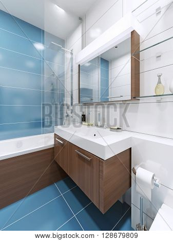 Sink console in blue bathroom with large mirror with lamp. 3D render