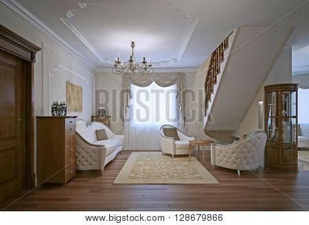 Lounge with Linen Cotton sofa and armchairs. Oak furniture. 3D render