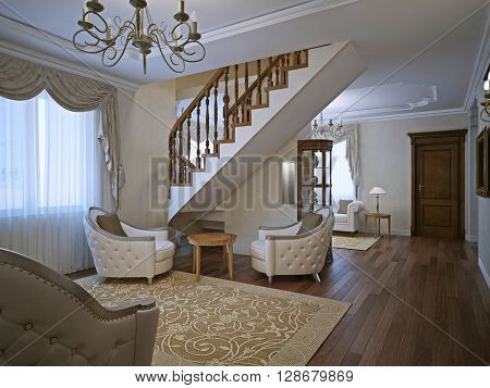 Elegant living room in private house with stairs. White walls and dark brown parquet flooring. 3D render