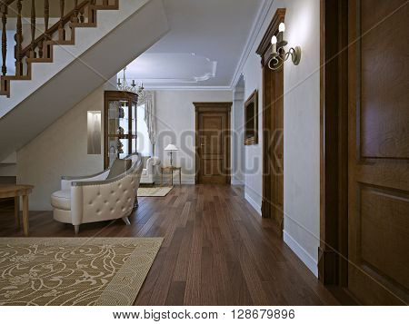 Living room in private house. Massive wooden doors. 3D render