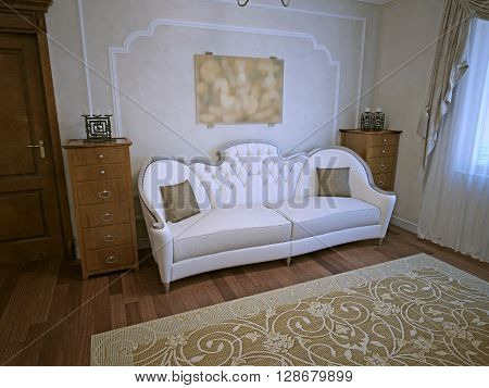 Living room in art deco design. White elegant sofa with chest of drawers on both sides. Molding walls and parquet flooting. 3D render