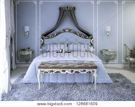 Double bed with curtain in luxury royal view bedroom with pale blue walls. Tick pile grey carpet and upholstery bench with white wood carcas near elegant double bed. 3D render