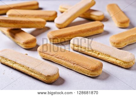 Homemade traditional italian cookie savoiardi. Selective focus