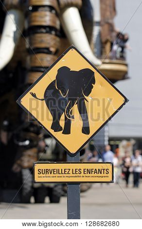 Nantes, Loire Atlantique/France, May 5, 2016 - Elephant roadsign in front of the big mechanical elephant from 