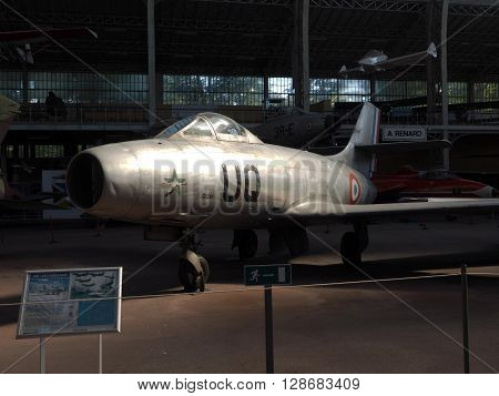 BRUSSELS-OCT. 1: An Ouragan MD-450 antique military airplane is seen at the Royal Museum of the Armed Forces and Military History in Brussels Belgium on October 1 2015.