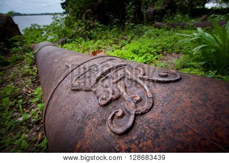 Sierra Leone, West Africa - June 2, 2013: the beaches of the Bunce Island, situated in Freetown Harbour, remnants of the British Empire guns