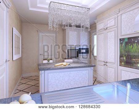 Elegant avantgarde kitchen with island. Diagonal tile flooring patterned cabinets. White furniture with molding. 3D render