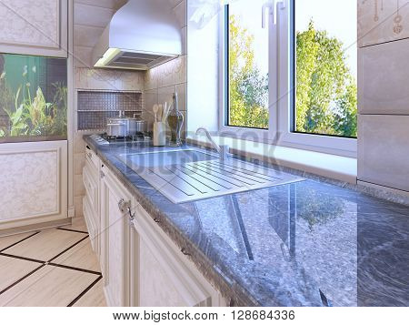 Modern kitchen design. Ecru colored cabinets. Wall hood. Glossy countertop. 3D render