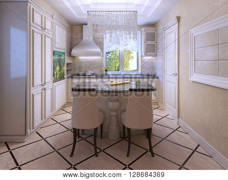 Ecru kitchen with tiled floor and cream soft colors. Crystal decoration. Walls of textured plaster. 3D render
