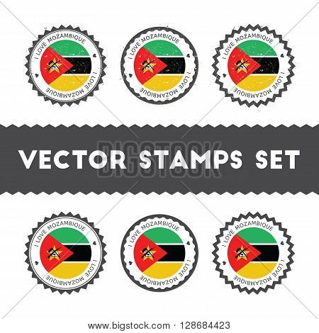 I Love Mozambique Vector Stamps Set. Retro Patriotic Country Flag Badges. National Flags Vintage Rou