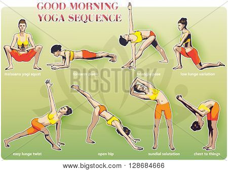 A set of yoga postures female figures: a sequence of exercise in the form of creative visual poster for morning yoga