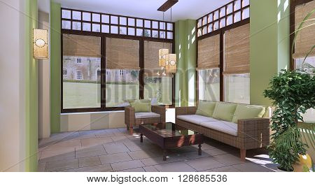 Summer terrace in oriental style with pale olive colored walls. 3D render