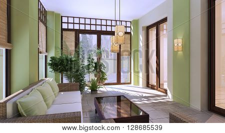 Design of modern summer terrace. Beautiful interior with two light sofas and mahogany wood table with glass countertop. Daylight with included lights. 3D render